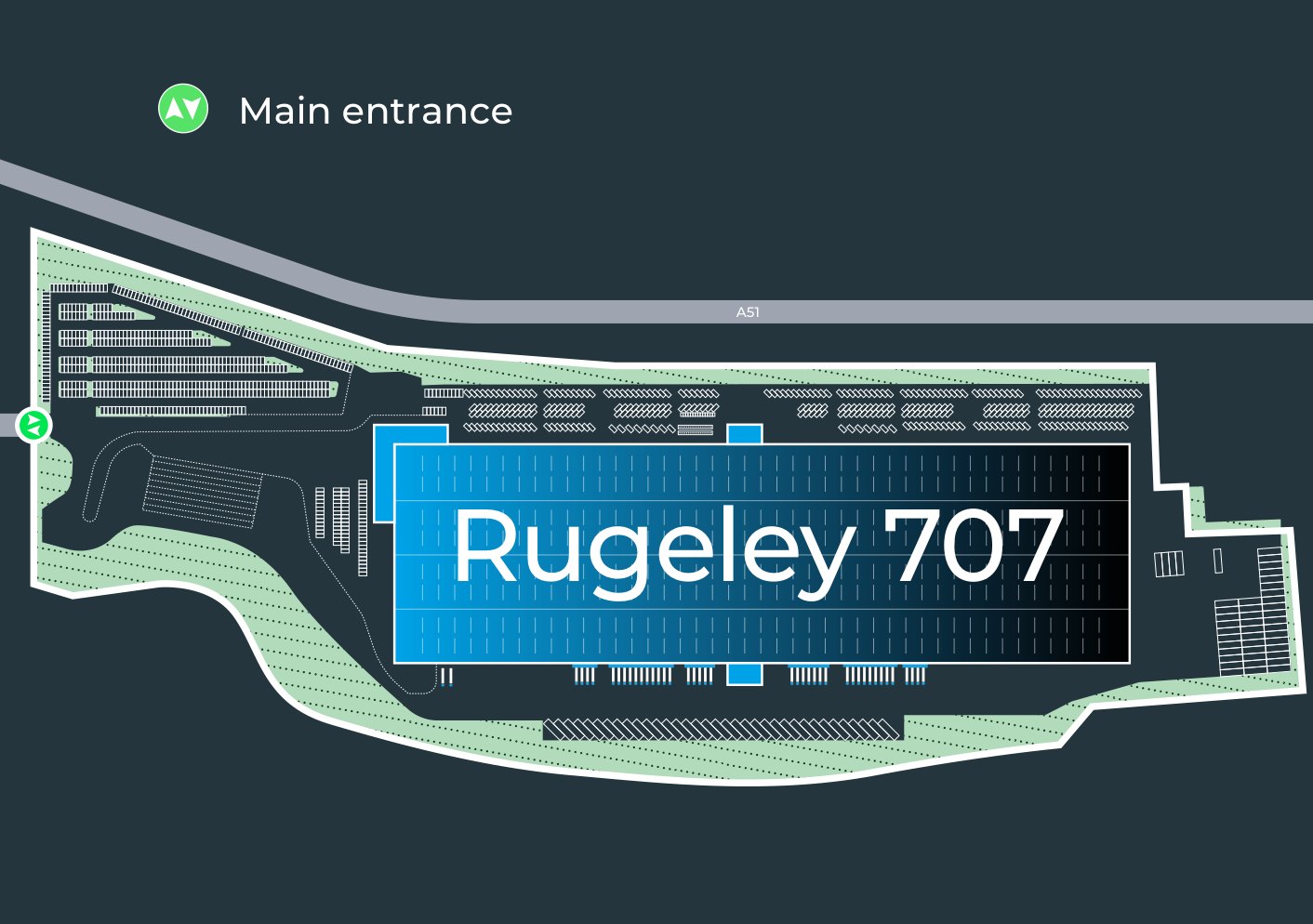Rugeley 707 site plan showing the warehouse, yard, car parking and main entrance from the A51